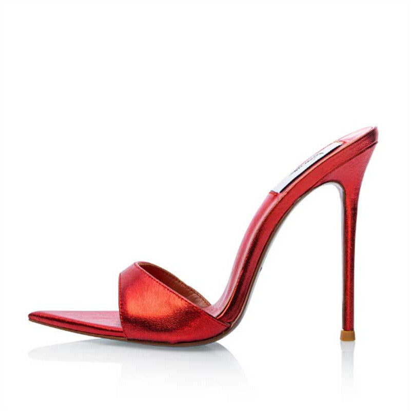 Women Metallic Leather Mules High Heels Chic Sandals