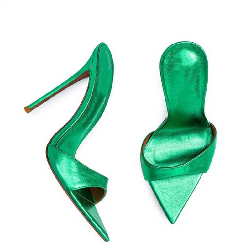 Women Metallic Leather Mules High Heels Chic Sandals