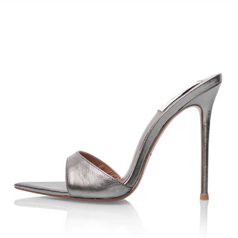 Women Metallic Leather Mules High Heels Chic Sandals