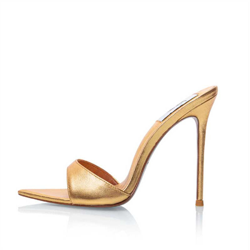 Women Metallic Leather Mules High Heels Chic Sandals