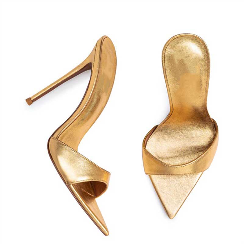 Women Metallic Leather Mules High Heels Chic Sandals
