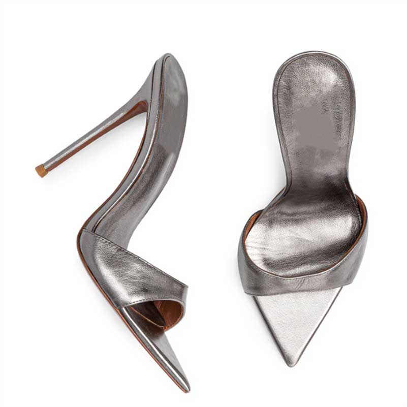 Women Metallic Leather Mules High Heels Chic Sandals