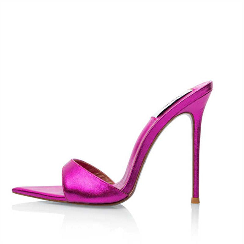 Women Metallic Leather Mules High Heels Chic Sandals
