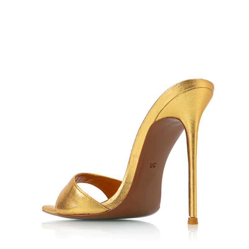 Women Metallic Leather Mules High Heels Chic Sandals