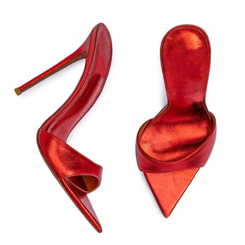 Women Metallic Leather Mules High Heels Chic Sandals
