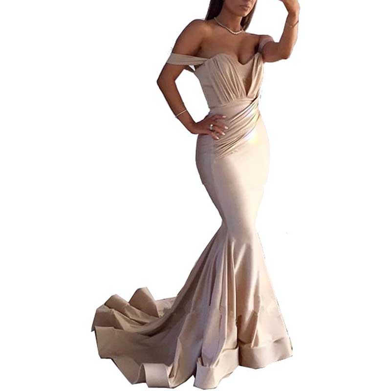 Off The Shoulder Mermaid Long Bridesmaid Dresses Satin Wedding Ball Gown