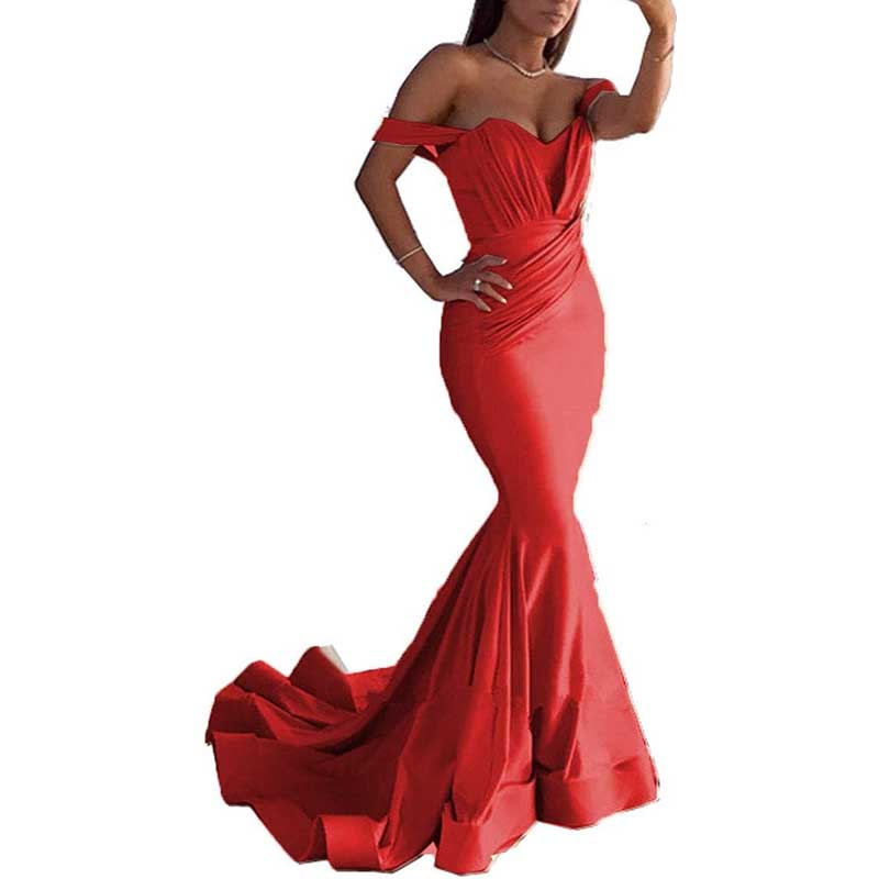 Off The Shoulder Mermaid Long Bridesmaid Dresses Satin Wedding Ball Gown