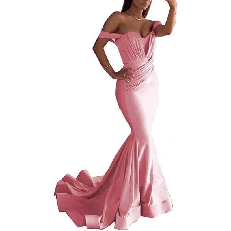Off The Shoulder Mermaid Long Bridesmaid Dresses Satin Wedding Ball Gown