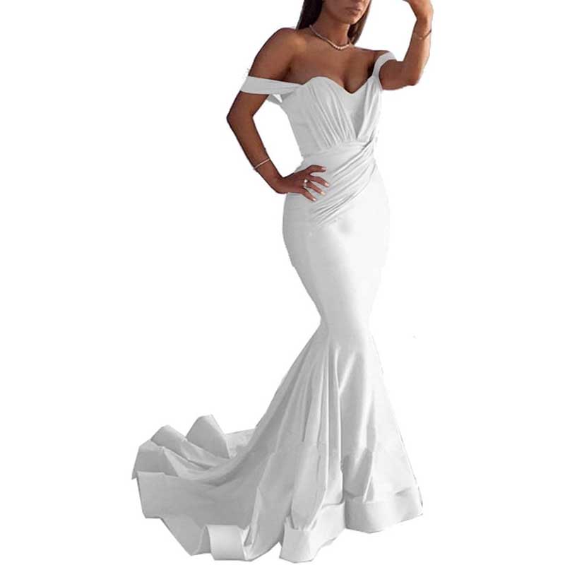Off The Shoulder Mermaid Long Bridesmaid Dresses Satin Wedding Ball Gown