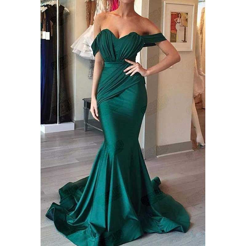 Off The Shoulder Mermaid Long Bridesmaid Dresses Satin Wedding Ball Gown