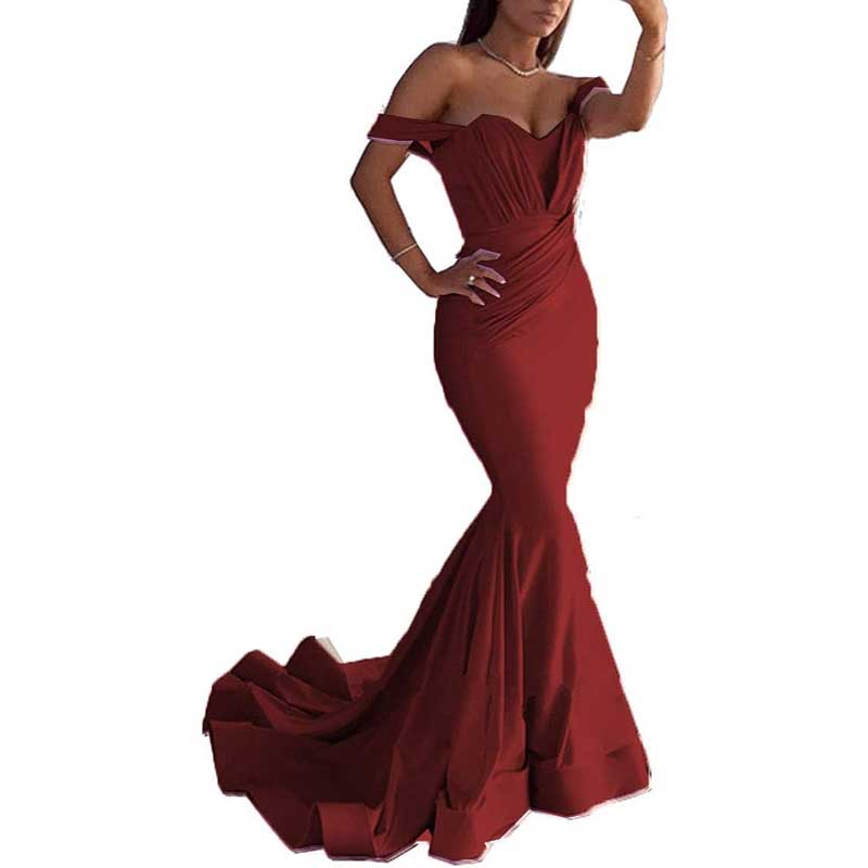Off The Shoulder Mermaid Long Bridesmaid Dresses Satin Wedding Ball Gown
