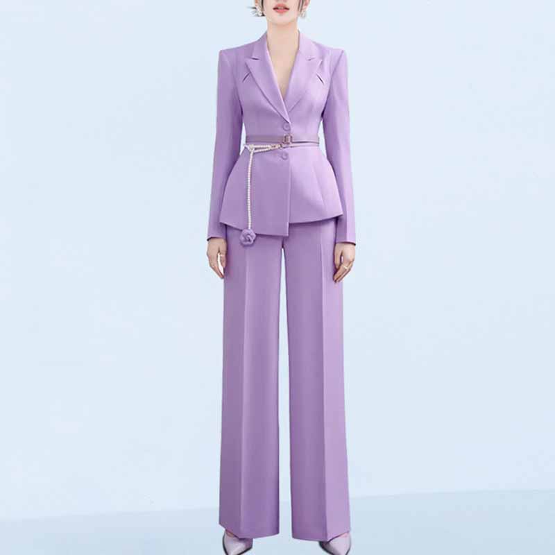 Women's Wide Leg Pantsuit Lavender V Neck Formal Suit