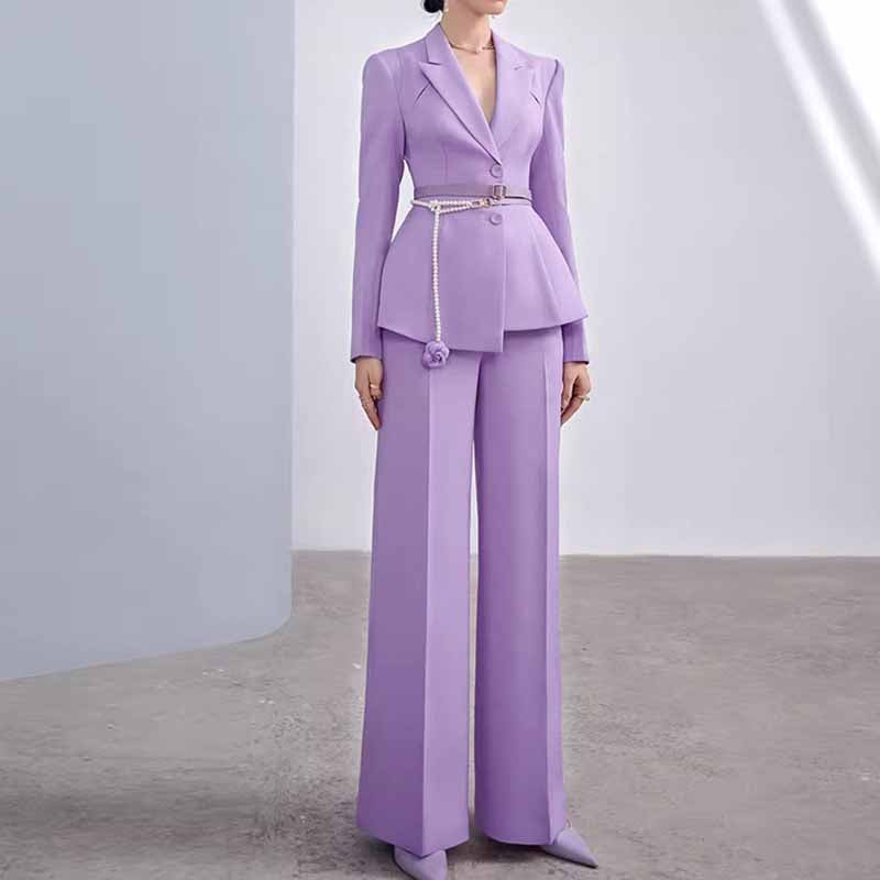 Women's Wide Leg Pantsuit Lavender V Neck Formal Suit