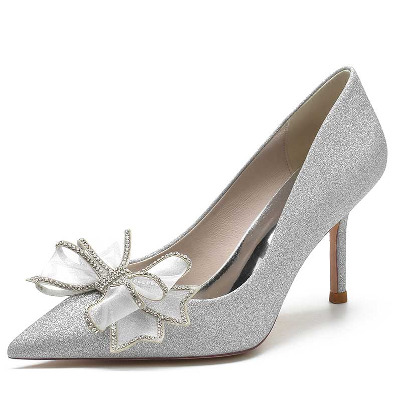 Bow Detail Wedding Shoes Glitter High Heels Pointed Toe Bridal Wedding Shoes