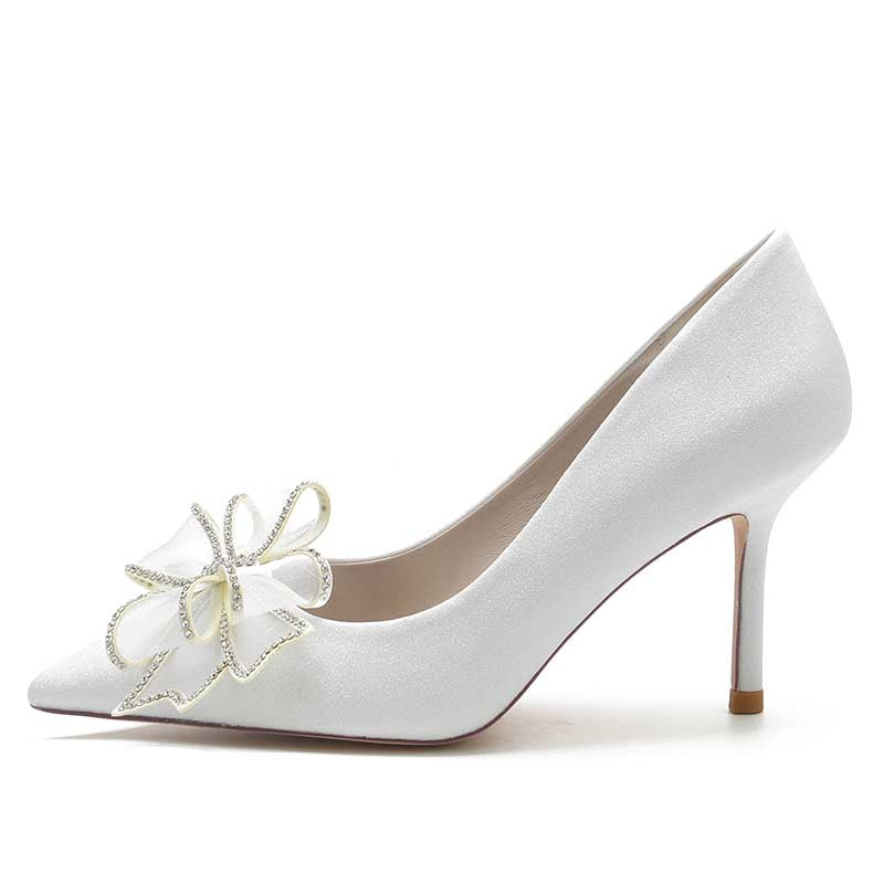 Bow Detail Wedding Shoes Glitter High Heels Pointed Toe Bridal Wedding Shoes