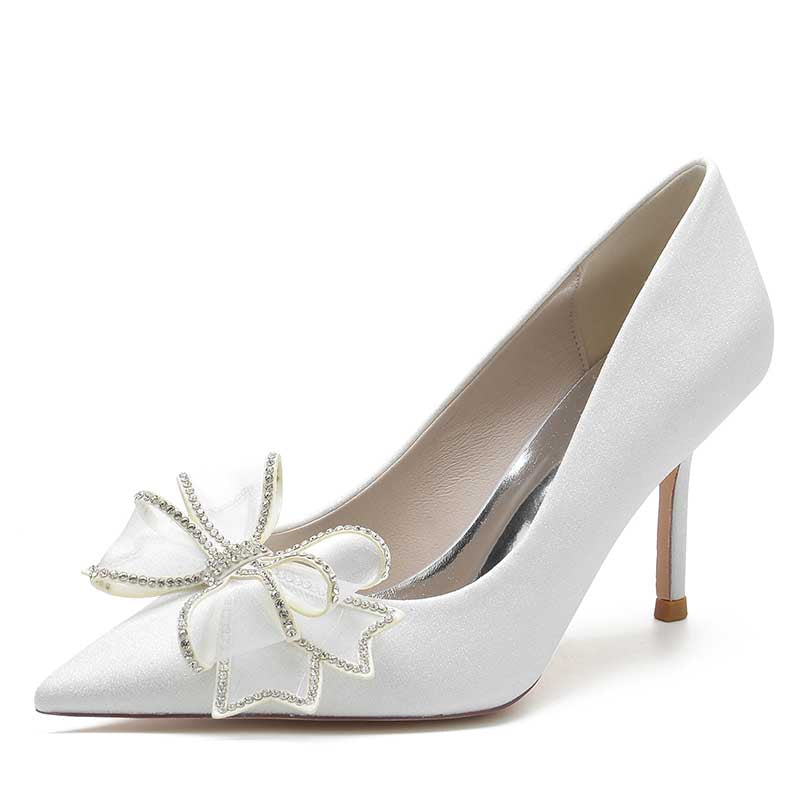 Bow Detail Wedding Shoes Glitter High Heels Pointed Toe Bridal Wedding Shoes