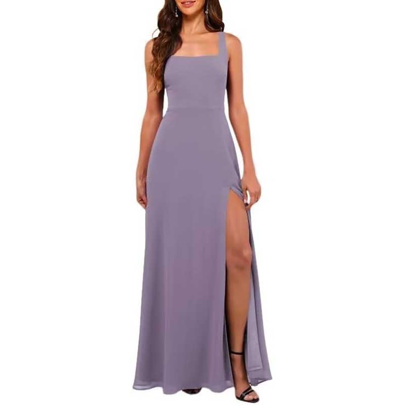 Square Neck Chiffon Bridesmaid Dress with High Split