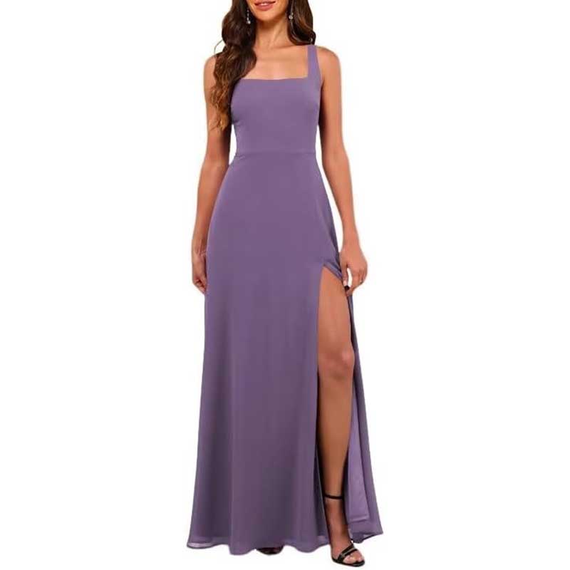 Square Neck Chiffon Bridesmaid Dress with High Split