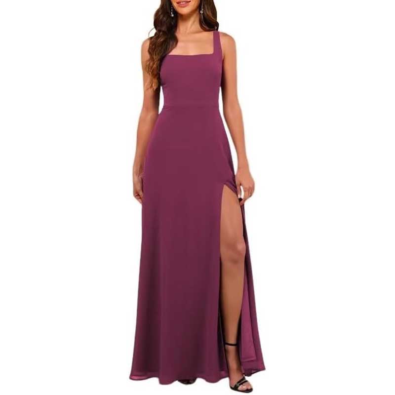 Square Neck Chiffon Bridesmaid Dress with High Split