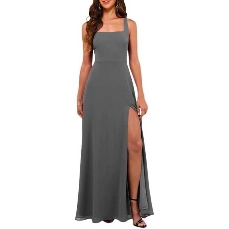Square Neck Chiffon Bridesmaid Dress with High Split