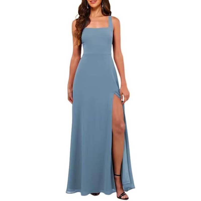 Square Neck Chiffon Bridesmaid Dress with High Split