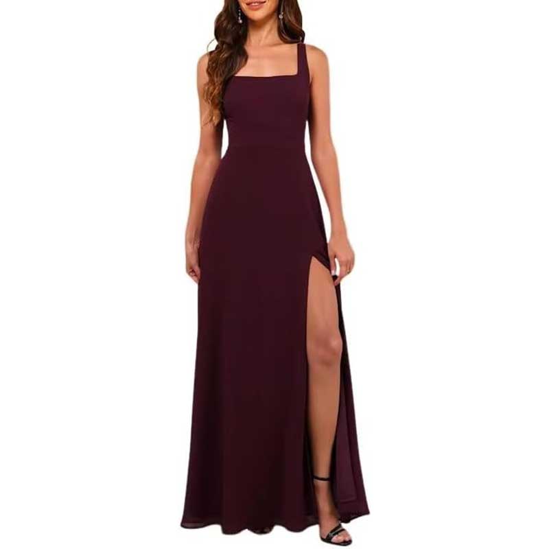Square Neck Chiffon Bridesmaid Dress with High Split