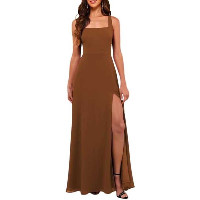 Square Neck Chiffon Bridesmaid Dress with High Split