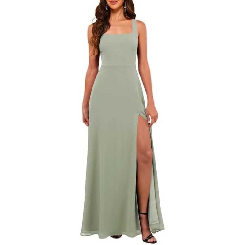 Square Neck Chiffon Bridesmaid Dress with High Split