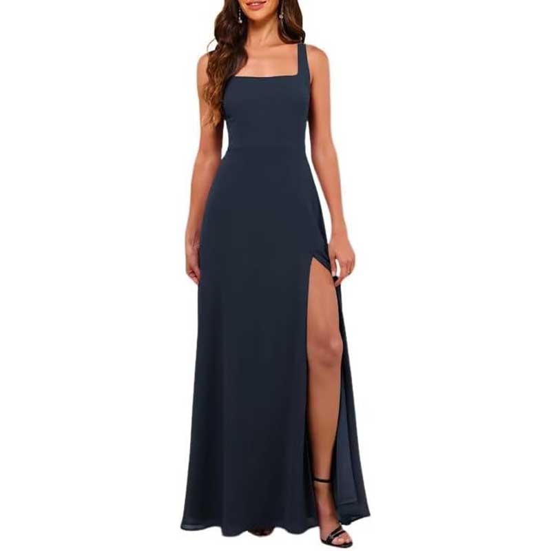Square Neck Chiffon Bridesmaid Dress with High Split