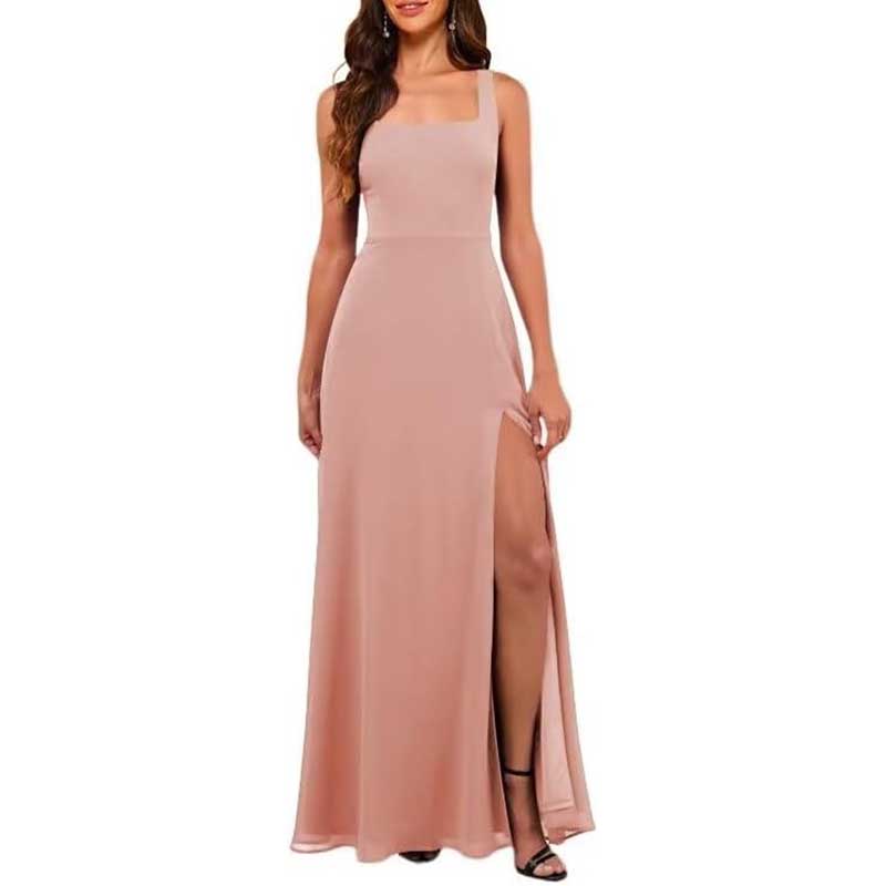 Square Neck Chiffon Bridesmaid Dress with High Split