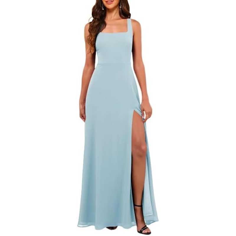 Square Neck Chiffon Bridesmaid Dress with High Split
