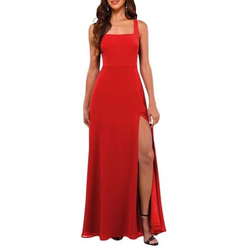 Square Neck Chiffon Bridesmaid Dress with High Split