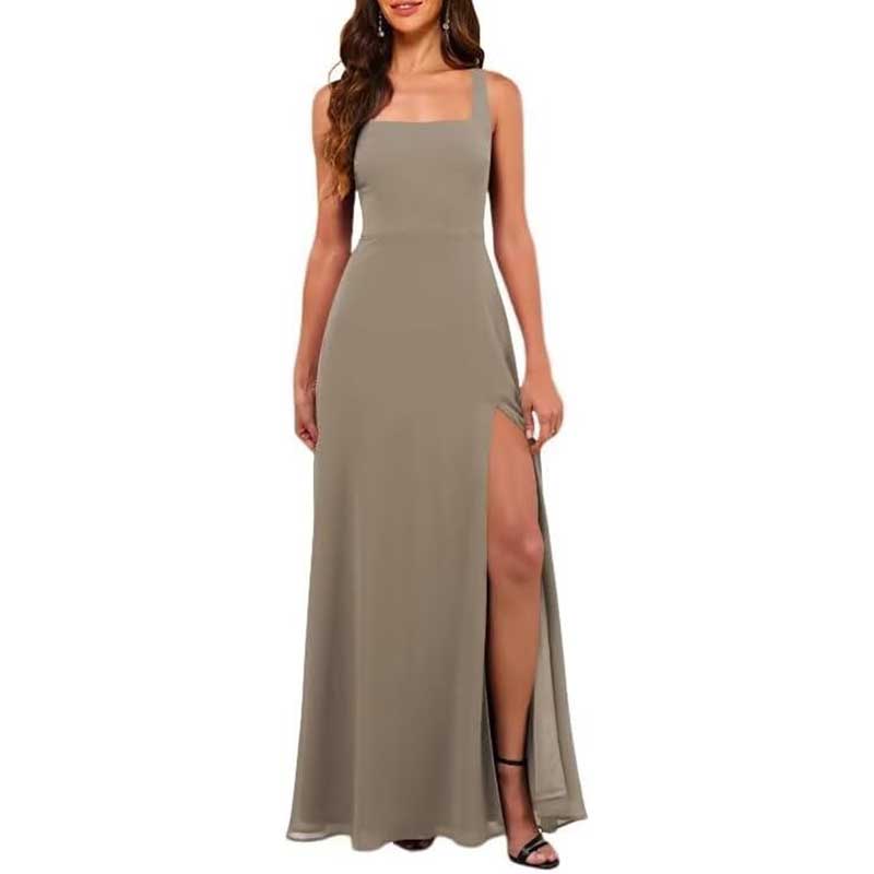 Square Neck Chiffon Bridesmaid Dress with High Split
