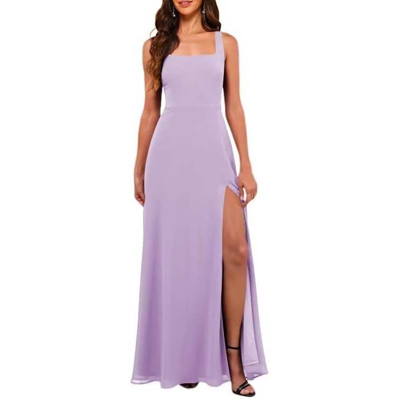 Square Neck Chiffon Bridesmaid Dress with High Split