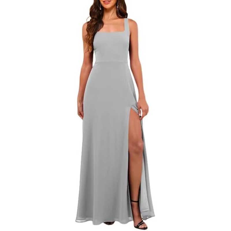 Square Neck Chiffon Bridesmaid Dress with High Split