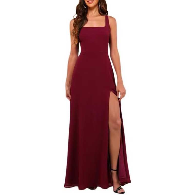 Square Neck Chiffon Bridesmaid Dress with High Split