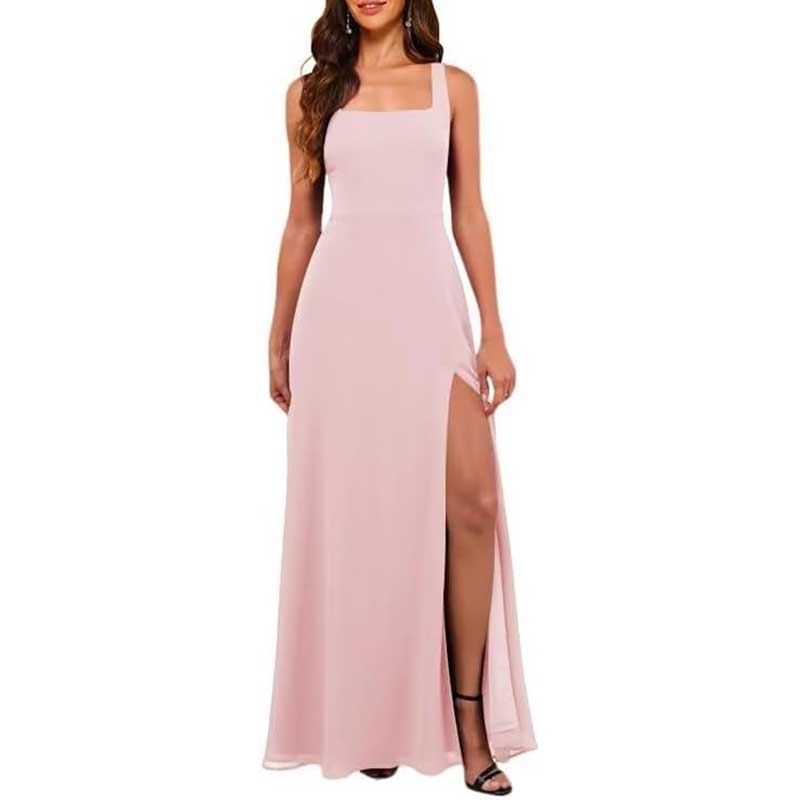 Square Neck Chiffon Bridesmaid Dress with High Split