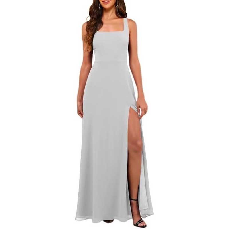Square Neck Chiffon Bridesmaid Dress with High Split