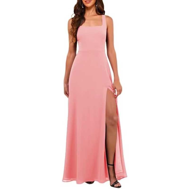 Square Neck Chiffon Bridesmaid Dress with High Split