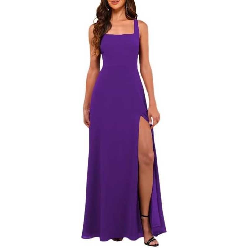 Square Neck Chiffon Bridesmaid Dress with High Split
