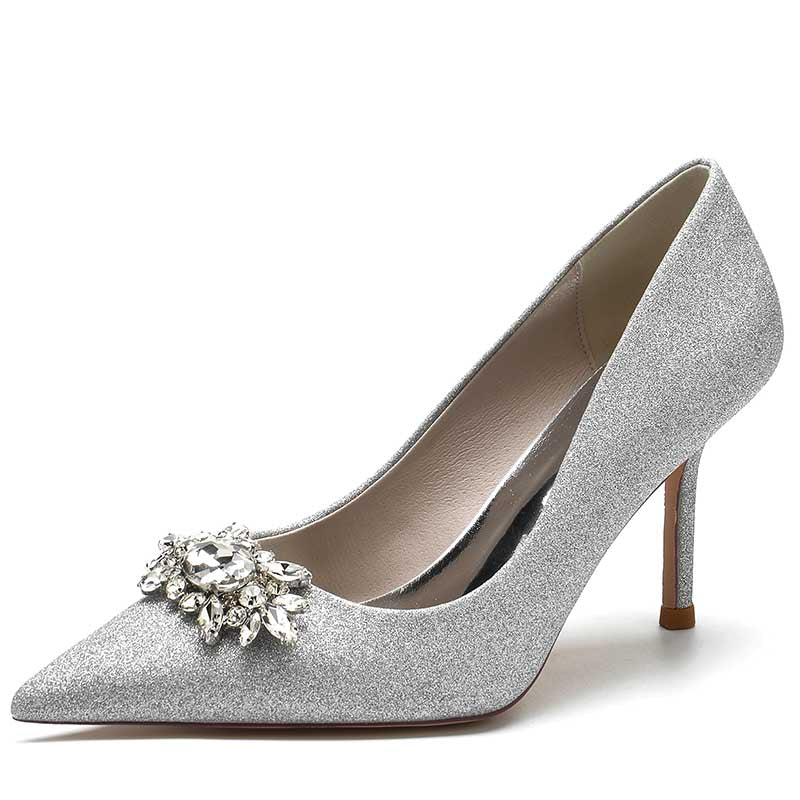 Women's Beaded Wedding Shoes Gliter High Heels Pointed Toe Bridal Heels
