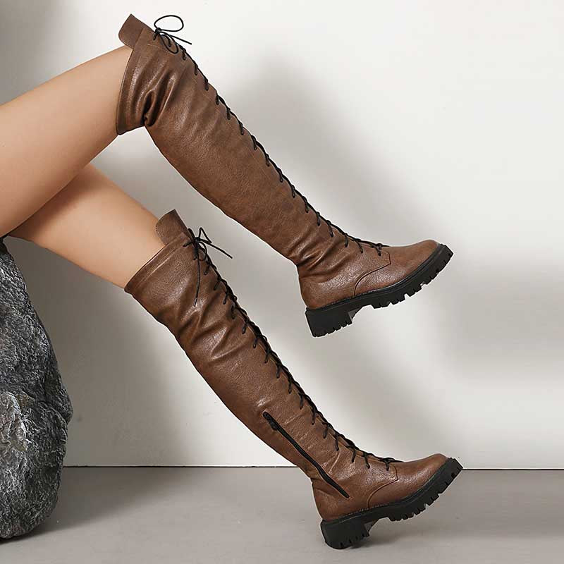Women's Low Heel Knee-High Boots | Lace-Up Front & Side Zipper