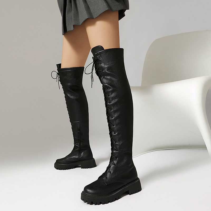 Women's Low Heel Knee-High Boots | Lace-Up Front & Side Zipper