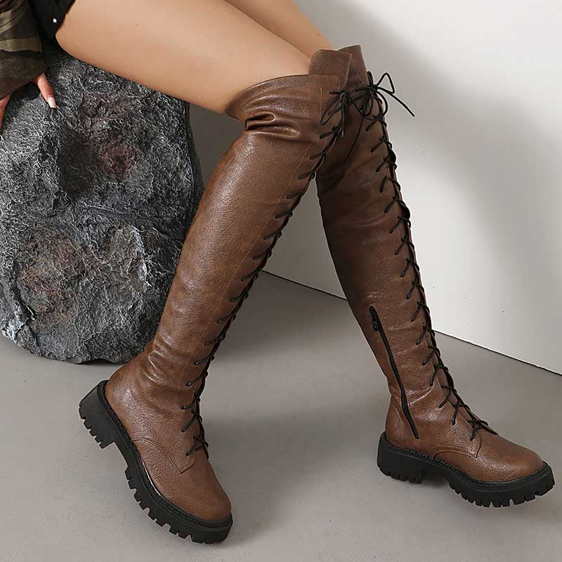 Women's Low Heel Knee-High Boots | Lace-Up Front & Side Zipper