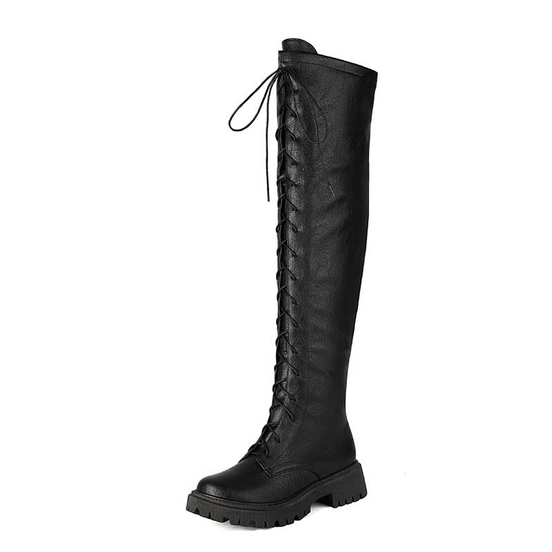 Women's Low Heel Knee-High Boots | Lace-Up Front & Side Zipper