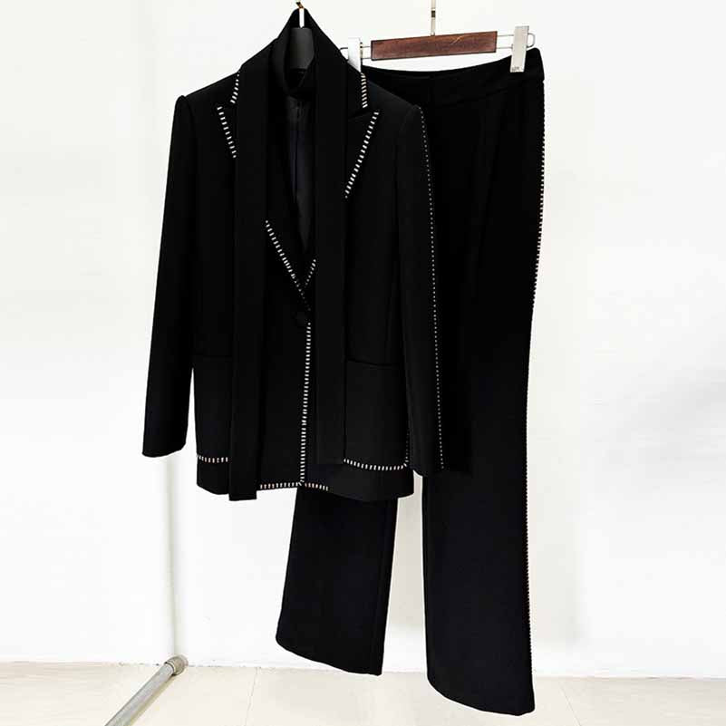 One Button Pantsuit Scarf Embellished Oversized Pant Suit For Wedding