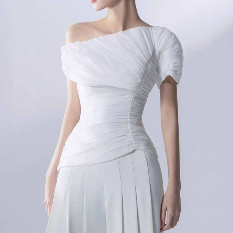 Wide Leg Pantsuit White One Shoulder Wedding Suit