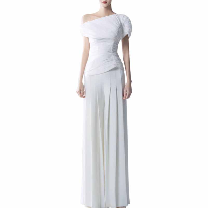 Wide Leg Pantsuit White One Shoulder Wedding Suit