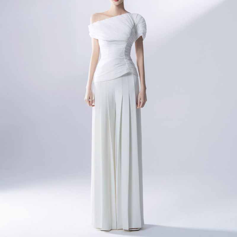 Wide Leg Pantsuit White One Shoulder Wedding Suit