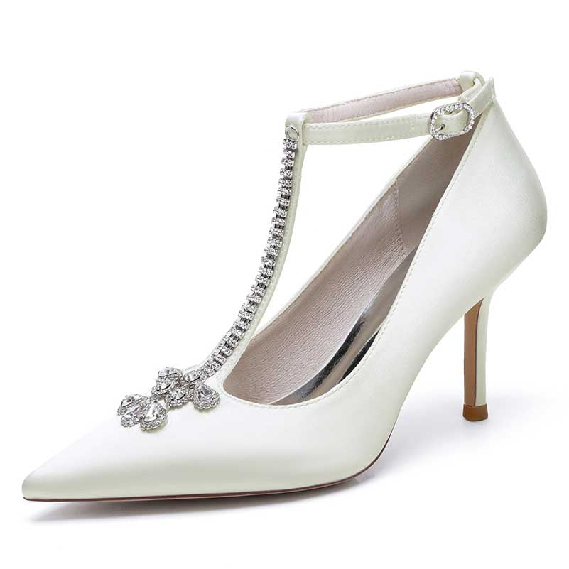 3.35" Point Toe Heels Wedding Shoes Crystal T-Strap Dress Shoes